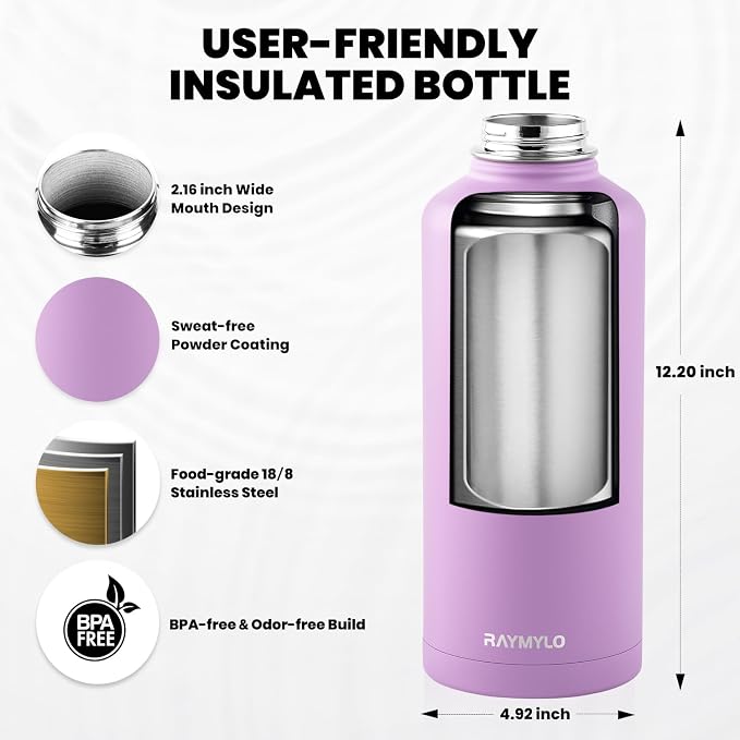 RAYMYLO Insulated Water Bottle 87 oz, Triple Wall Vacuum Stainless Steel (Cold for 48 Hrs), Leak Proof & Non-BPA, Modern Water Flask Jug with Paracord Handle & Straw Spout Lids, Light Purple