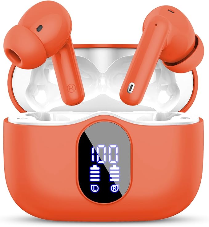 Wireless Earbuds, Bluetooth 5.4 Headphones Bass Stereo, Ear Buds with Noise Cancelling Mic, LED Display in Ear Earphones Clear Calls, IP7 Waterproof Bluetooth Earbuds for Laptop/Phones/Sports, Orange