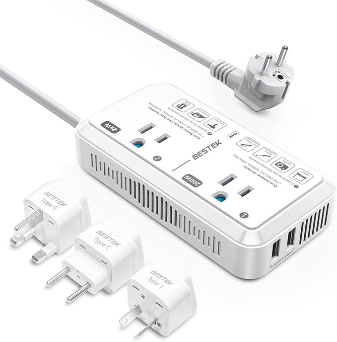 Universal Travel Adapter 220V to 110V Voltage Converter US to Europe 2000W Travel Voltage Converter with 2 USB Ports and EU/UK/AUS Plug Adapter for Hair Dryer/Curling Iron (White)
