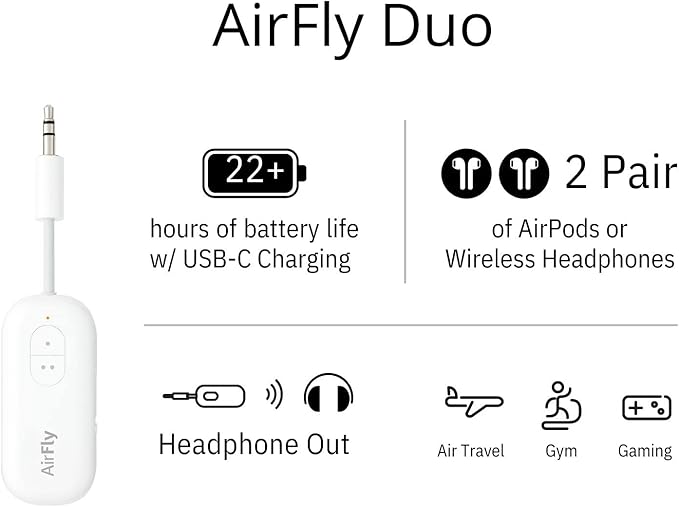 Twelve South AirFly Duo Bluetooth 5.0 Transmitter for TV/Airplane to 2 Wireless Headphones – Wireless Adapter for AirPods, Airplane, Car, Gym, Home, Use with Any 3.5 mm Audio Jack