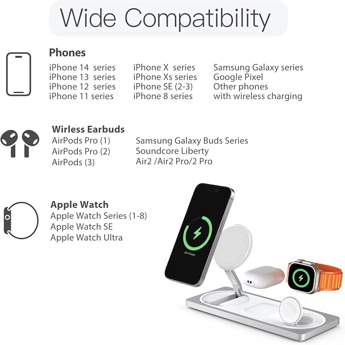 PETINO 3 in 1 Wireless Charging Station for Apple Devices with MagSafe | For iPhone 17/Air/16/15/14/13/12, AirPods & Apple Watch, Foldable Portable Aluminum Charging Stand, Adapter Included