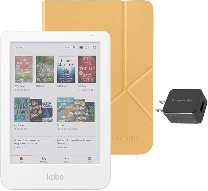 Kobo Clara Colour eReader (White) with Case Bundle (Butter Yellow SleepCover, Case + AC Bundle)