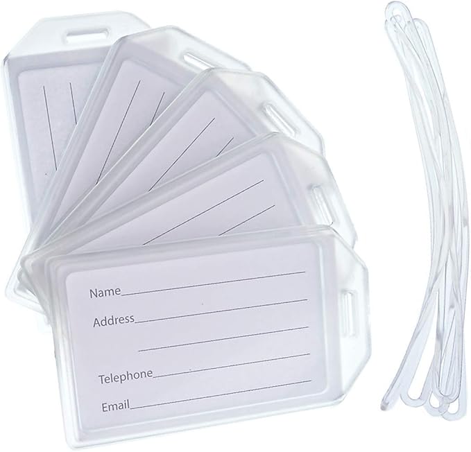 Bulk 50 Pack - Premium Rigid Airline Luggage Tag Holders with 6" Worm Loops - Heavy Duty Hard Plastic -Suitcase ID Tag Identifiers with Business Card Insert Window by Specialist ID (Translucent/Clear)
