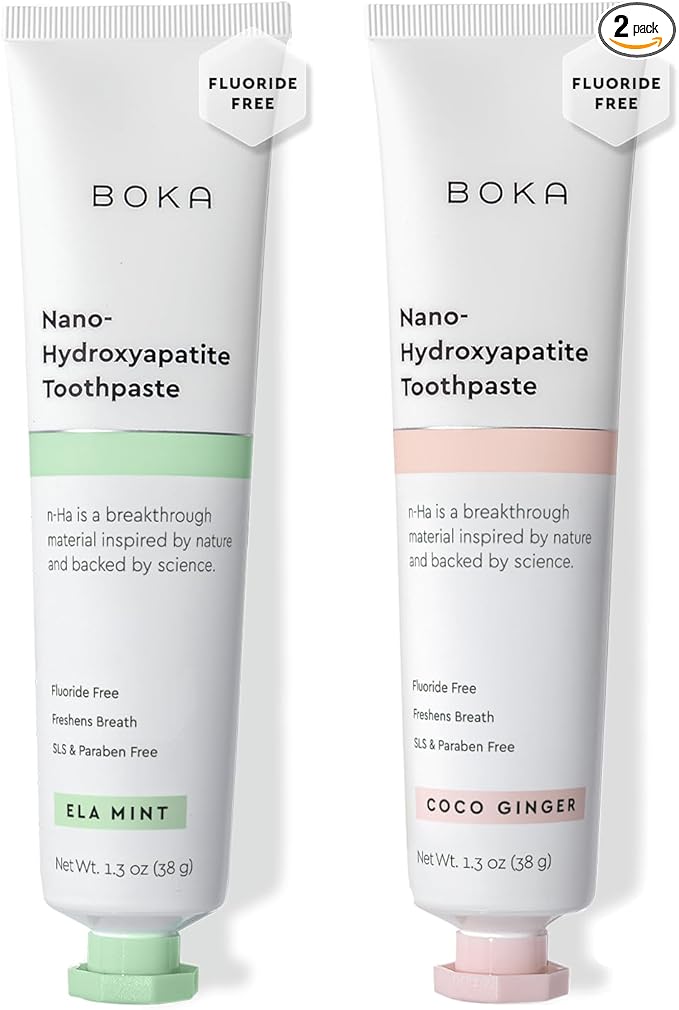 Boka Fluoride Free Toothpaste, Nano Hydroxyapatite Toothpaste, Appropriate for Sensitive Teeth - for Adult Oral Care - Ela Mint, Coco Ginger Flavor, 1.3 Fl Oz 2Pk US Manufactured
