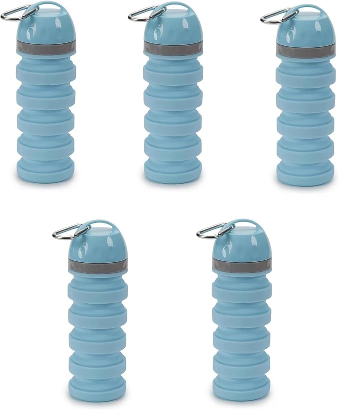 20 ounce Collapsible Water Bottles for People and Pets Flexible Accordion Style Choose Quantity (Blue, 5 Water Bottles)