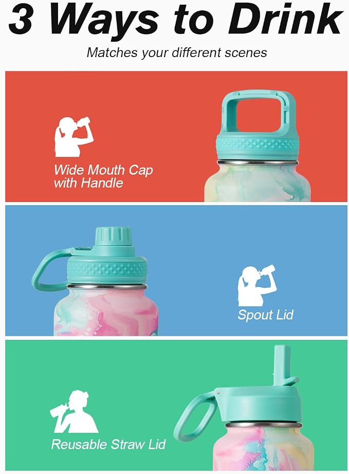 Coolflask Water Bottle Insulated with Straw & 3 Lids, 32 oz Water Jug Large Metal Stainless Steel Wide Mouth for Sports, Gym or Office, Non-BPA Keep Cold 48H Hot 24H, Pastel Sorbet