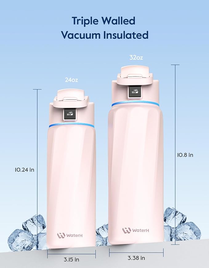 BOOST Smart Water Bottle with Reminder & Tracker, Double Wall Vacuum Insulated Bottles Stainless Steel, BPA-Free Wide Mouth for School, Gym, Office, Ideal for Father's Day, 24oz, Cherry Blossoms