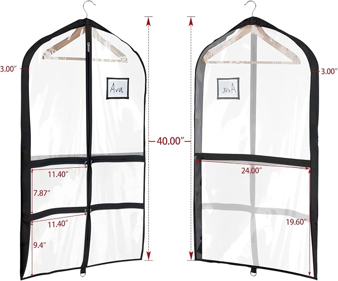 Univivi Clear Black PVC Dance Costume Bags (3 Pack) Garment Bag 40 Inch for Dance Competitions, with 4 Medium Clear Zipper Pockets and 1 Large Back Zippered Pocket [Upgraded Version]