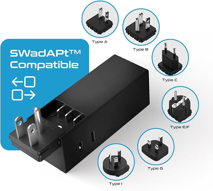 Ceptics 65W GaN World Travel Adapter w/ 2 US Outlets and 1 USB-A and 2 USB-C (QC 3.0), Compact Fast Charger for Laptops and Cell phones, Use in more than 150 countries with 6 SWadAPt Attachments