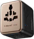 MOMAX Universal Travel Adapter 7-in-1, All-in-one European Travel Plug Adapter with 3 USB-C PD & 2 USB-A QC & 2AC, International Power Adapter Outlet for Travel UK/EU/AUS/JP, Travel Essentials(Gold)
