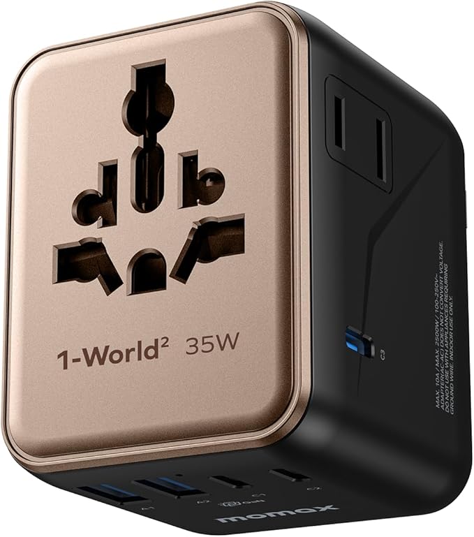 MOMAX Universal Travel Adapter 7-in-1, All-in-one European Travel Plug Adapter with 3 USB-C PD & 2 USB-A QC & 2AC, International Power Adapter Outlet for Travel UK/EU/AUS/JP, Travel Essentials(Gold)