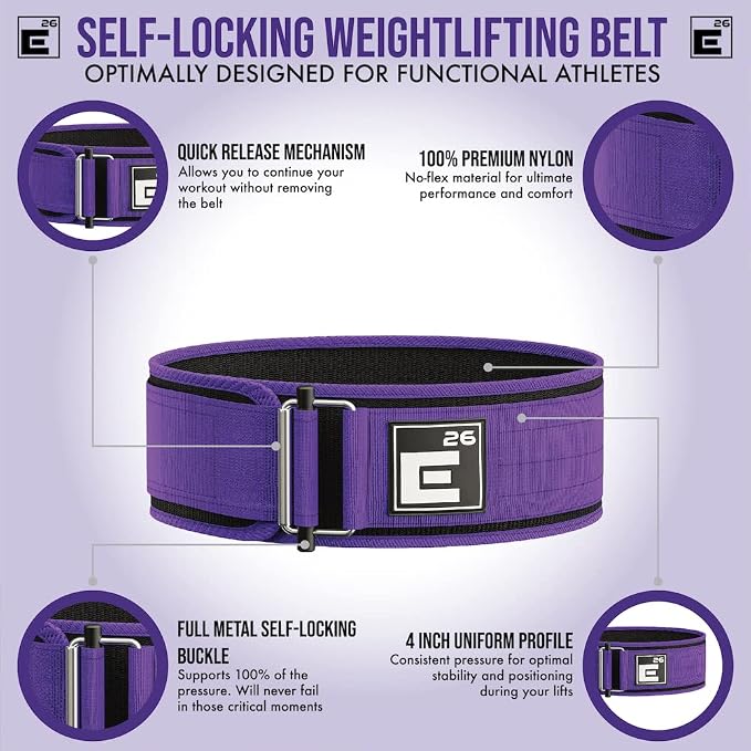 Element 26 Self-Locking Weight Lifting Belt - 4-Inch Nylon Support for Men and Women - Squat and Deadlift - Gym Training