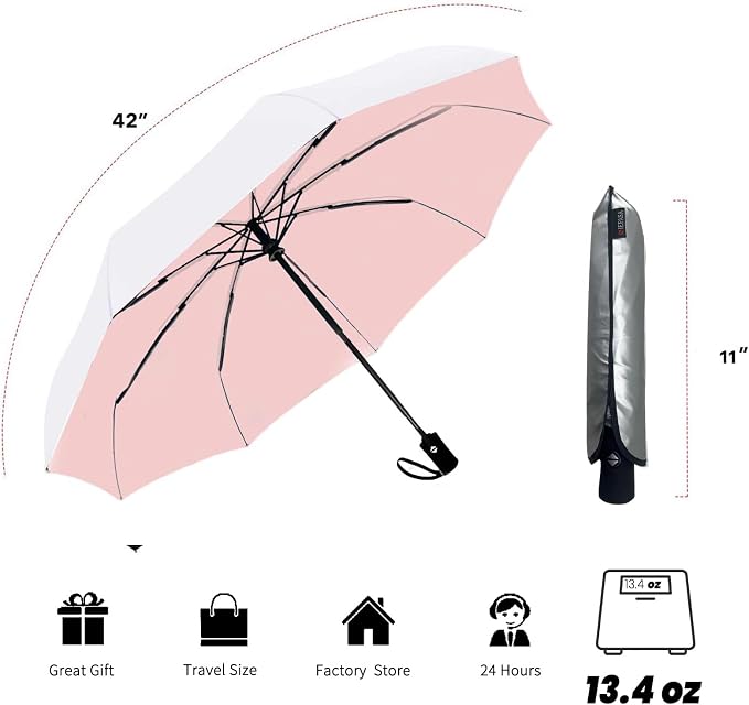SIEPASA Compact Travel Umbrella - Windproof Auto Open/Close, Small Folding Umbrella for Rain & Sun with UPF50+ - Lightweight Frame, Waterproof - Fits Backpack, Purse, Suitcase.(Silver/Pink)