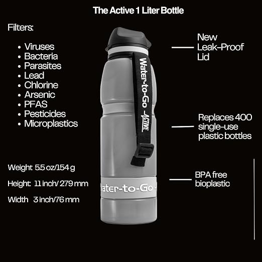 Water-to-Go Water Filter Bottle for International Travel -One Liter Filtered Water Bottle for Portable Purification - Eco-Friendly Bioplastic, New Leak-Proof Lid, Filters Viruses