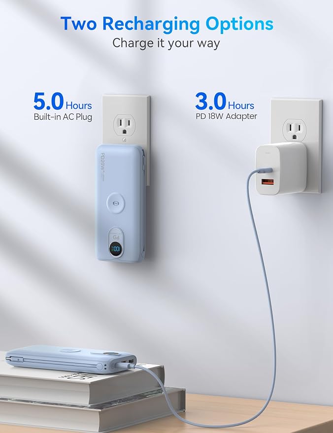 Portable Charger, 10000mAh 20W Fast Charging Power Bank with Built in Cables & AC Wall Plug & LED Display, Travel Essentials Battery Pack Powerbank for iPhone, iPad, iWatch, Pixel, LightBlue