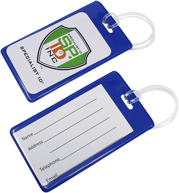 Bulk 25 Pack - Backpack ID Luggage Tags for Student Identification Cards - School Name Badge Holder for Backpacks - Large Business Card Size with Clear Insert Window by Specialist ID (Blue)