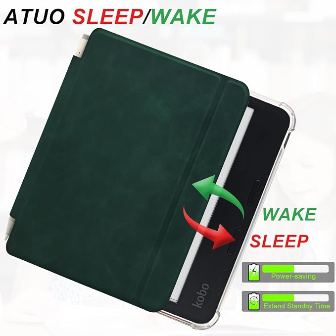 Folio Leather Case for 7" Kobo Libra Colour (2024) eReader - Ultra-Thin Enhanced Auto Sleep/Wake Cover with Transparent TPU Back, Magnetic Closure, Stylus Holder (Green)