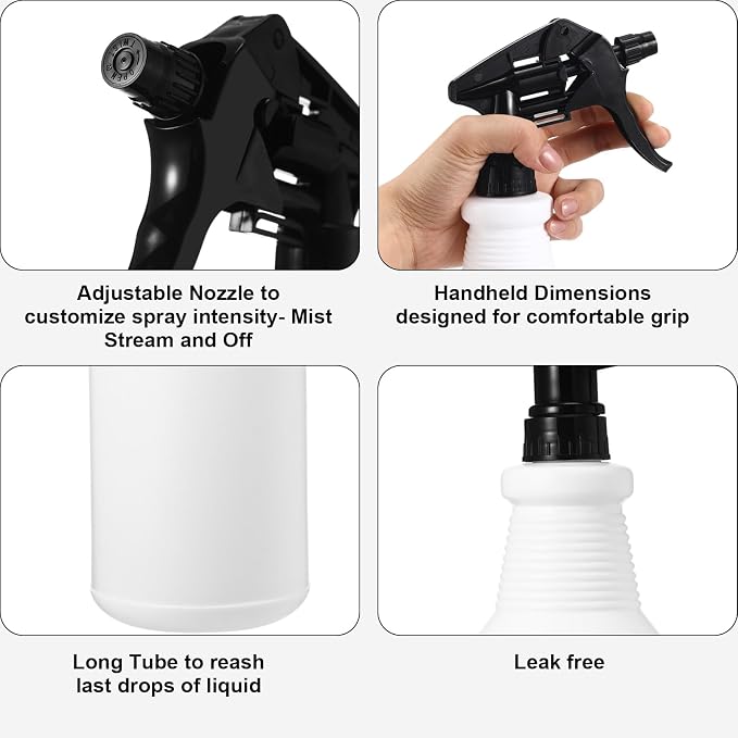 meekoo 12 Pcs 32 oz Plastic Spray Bottles Heavy Duty Spraying Leak Proof Mist Empty Water Bottle for Pets Cleaning Solutions Planting Spray Alcohol with Label Adjustable Nozzle (Black)