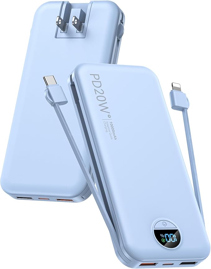 citicr Portable Charger 10000mAh PD20W w/Built-in Cables & Wall Plug Blue | Fast charging, Built-in wall plug, LED display, Charge 5 devices at once, Pass through charging, TSA approved, Pocket size