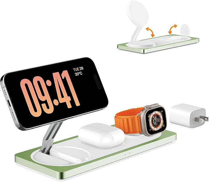 PETINO 3 in 1 Wireless Charging Station for Apple Devices with MagSafe | For iPhone 17/Air/16/15/14/13/12, AirPods & Apple Watch, Foldable Portable Aluminum Charging Stand, Adapter Included