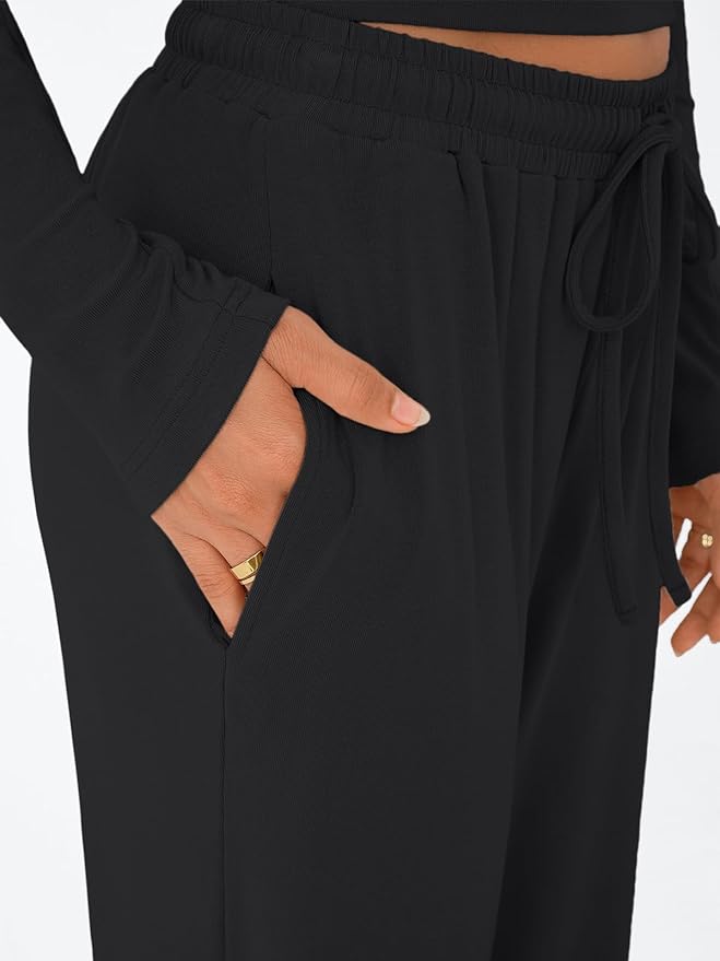 Trendy Queen Women's 2 Piece Matching Lounge Set Long Sleeve Side Ruching Top Wide Leg Drawstring Pants Set with Pockets