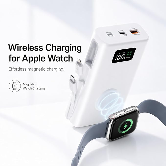 PZOZ 20000mAh Portable Charger with Apple Watch Charger, 45W PD Fast Charging Power Bank, Built-in USB-C Cable and Lightning Adapter, LED Display Portable Battery Pack for iPhone, iPad and Travel