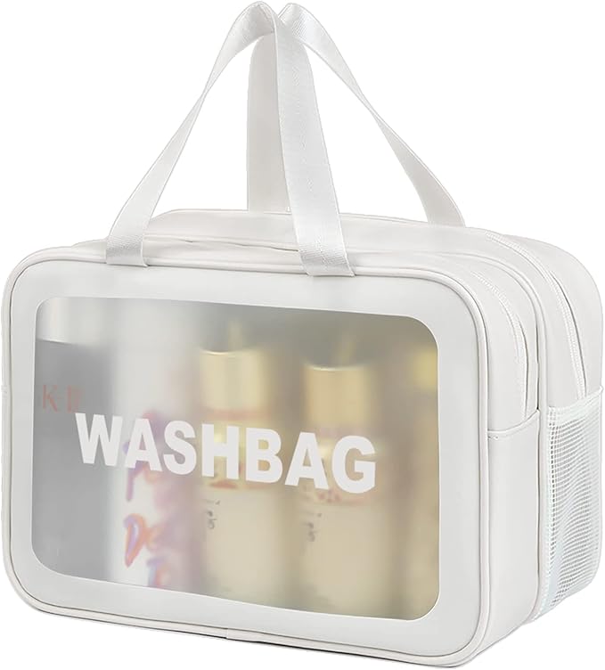 DAPOWER Travel Toiletry Bag for Women and Men, Matte Translucent Toiletry Bag with Handy Handle, Makeup Cosmetic Organizer Bag for Travel Toiletries Accessories (White-XL)