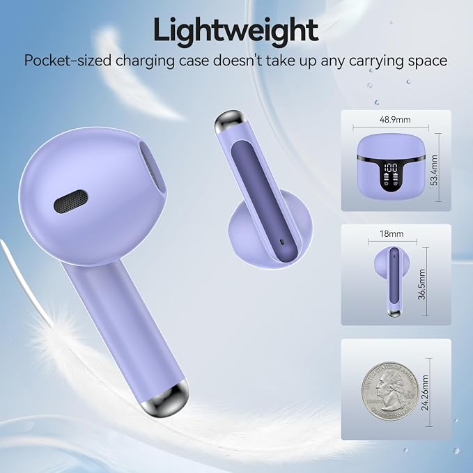 Wireless Earbuds, Bluetooth 5.4 Headphones HiFi Stereo with 4 HD Mic, 50H Playtime Bluetooth Earbuds with Dual LED Display, IPX7 Waterproof Wireless Earphones, Touch Control Ear Buds,USB-C, Purple