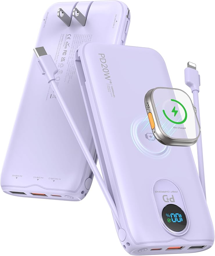 Portable Charger, 10000mAh 20W Fast Charging Power Bank with Built in Cables & AC Wall Plug & LED Display, Travel Essentials Battery Pack Powerbank for iPhone, iPad, iWatch, Samsung, Purple