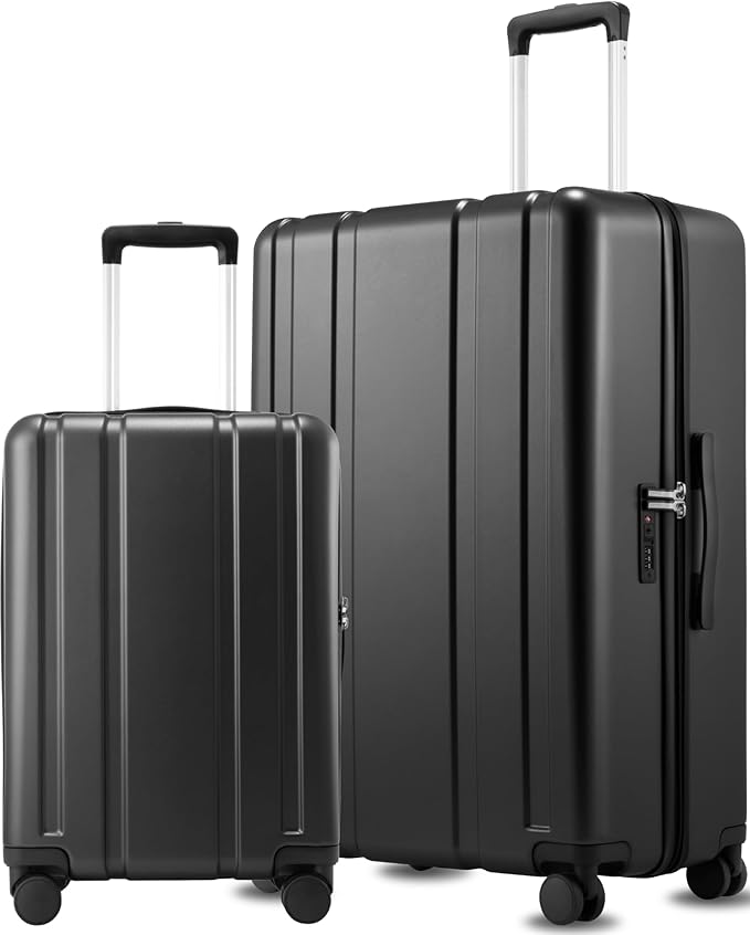 LUGGEX 2-Piece Luggage Set (20+28 Inch), 100% PC Hard Shell Suitcases with 360° Spinner Wheels & TSA Locks, Airline Approved Carry-On & Checked Baggage (Black, 2 Piece Sets)