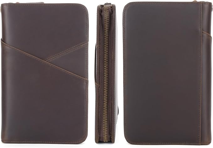 Polare Full Grain Leather Passport Holder With YKK Zipper RFID Blocking Travel Document Organizer Ticket Holder Cover Case Holds 2 Passports (Dark Brown with AirTag Slot)