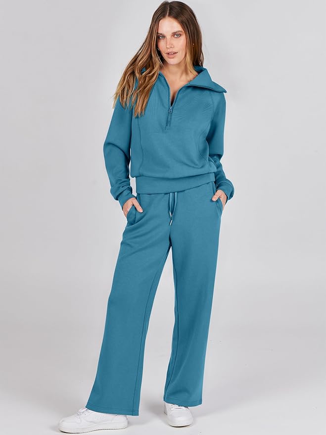 ANRABESS Women’s 2 Piece Outfits Half Zip Sweatshirt & Wide Leg Pants Airport Travel Lounge Matching Sets Sweatsuits Clothing