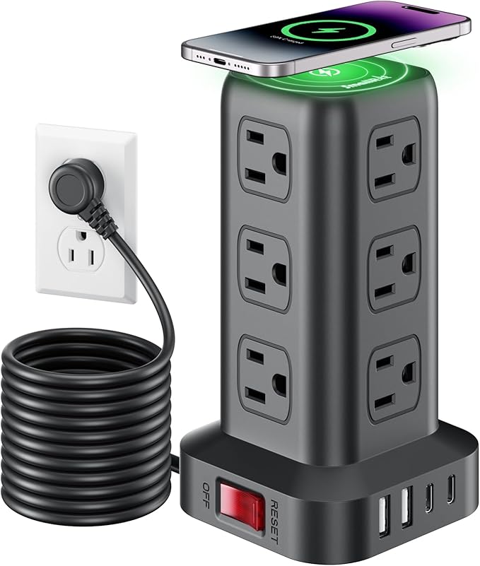 Extension Cord with Multiple Outlets, SMALLRT Surge Protector Power Strip Tower, 10FT Outlet Extender with 12 AC Outlets 4 USB, Power Strip with USB Ports for Home Office Dorm Room,Overload Protection