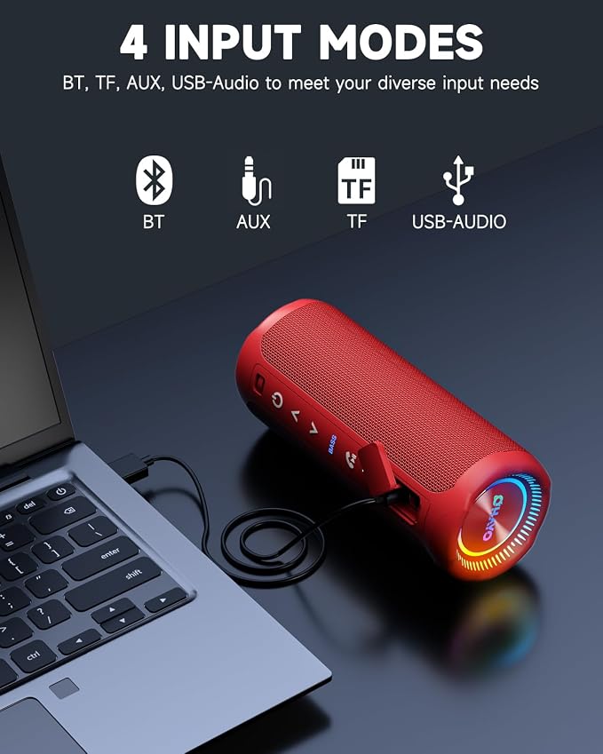 OHAYO Bluetooth Speaker, Portable Wireless, IPX7 Waterproof, Powerful 25W Sound, 24H Playtime, Dual Pairing, Active Bass, Colorful Lights, Bluetooth 5.3, Outdoor Speakers for Home/Party/Beach, Red
