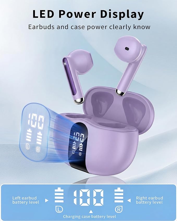 Wireless Earbuds, 2026 Bluetooth 5.4 Headphones Bass Stereo Ear Buds with Noise Cancelling Mic, LED Display in Ear Earphones 50H Playtime Ear Buds, IP7 Waterproof for Laptop Pad Phones Pure Purple