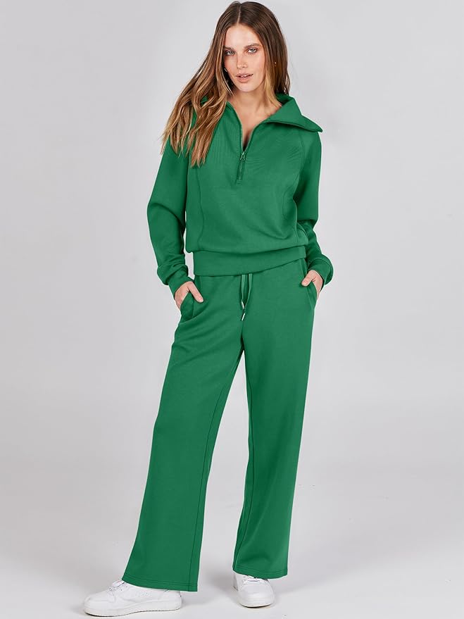 ANRABESS Women’s 2 Piece Outfits Half Zip Sweatshirt & Wide Leg Pants Airport Travel Lounge Matching Sets Sweatsuits Clothing