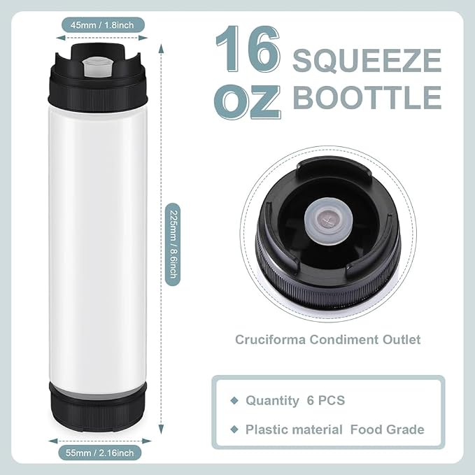 6 Pcs 16 Oz Condiment Squeeze Bottles Inverted Plastic Squeeze Bottle for Sauces Refillable Tip Large Valve Dispenser