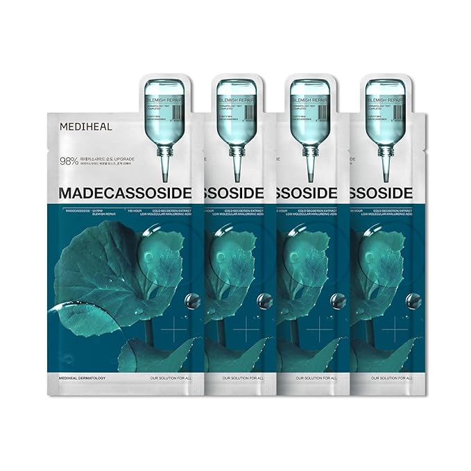 Mediheal Essential Face Mask [Madecassoside] Blemish Repair 4 pcs. with 98% Purity Madecassoside & Hyaluronic Acid - Soothing Care, Hydrating- Travel Essentials, Vegan Formula Korean Sheet Mask