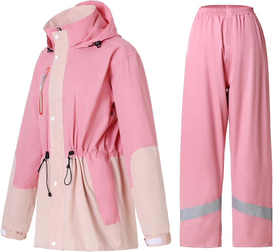 Rain Suit for Women Waterproof Hooded Rain Gear Rain Jacket and Pants 2 Piece Breathable Rain Coat Outdoor