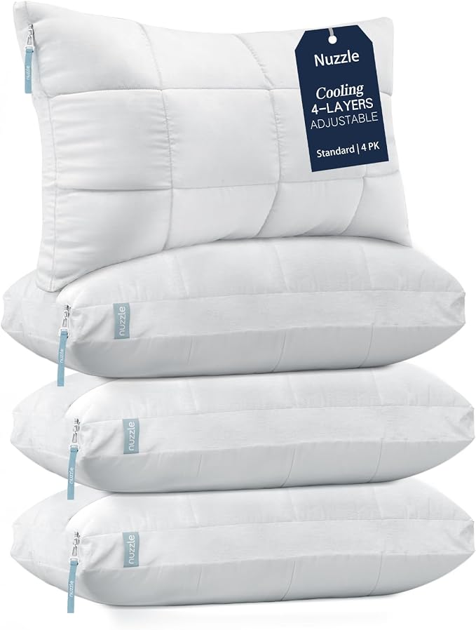 Nuzzle Cooling Adjustable Pillow for Side Sleepers,Standard Size Bed Pillow 4 Pack – Hotel Luxury Neck Support, Height Adjust Soft Sleeping Pillow for Back, Stomach or Side Sleepers-Home Gift