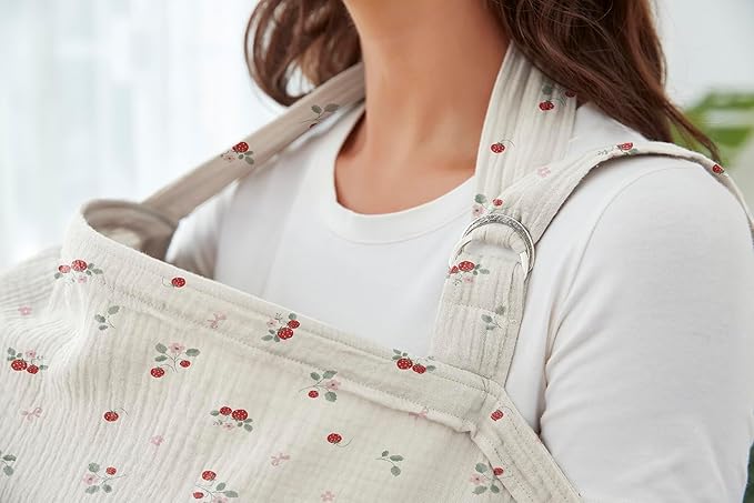 Muslin Nursing Cover for Baby Breastfeeding, Breathable 100% Cotton Breastfeeding Cover with Rigid Hoop for Mother Nursing Apron (Strawberry Whisper)