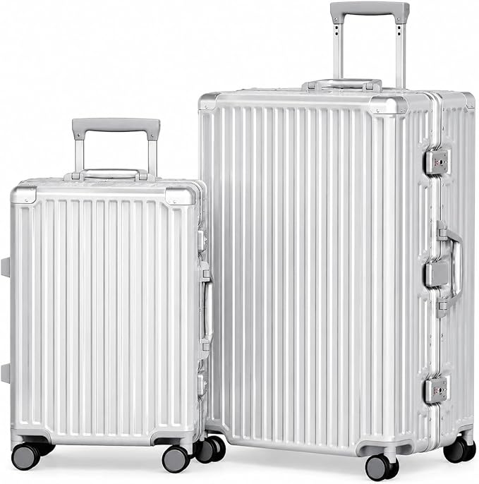 AnyZip Luggage Sets 2 Piece Aluminum Frame Carry On and Checked Suitcase PC ABS Hard Shell TSA Lock No Zipper(Silver, 20/28)