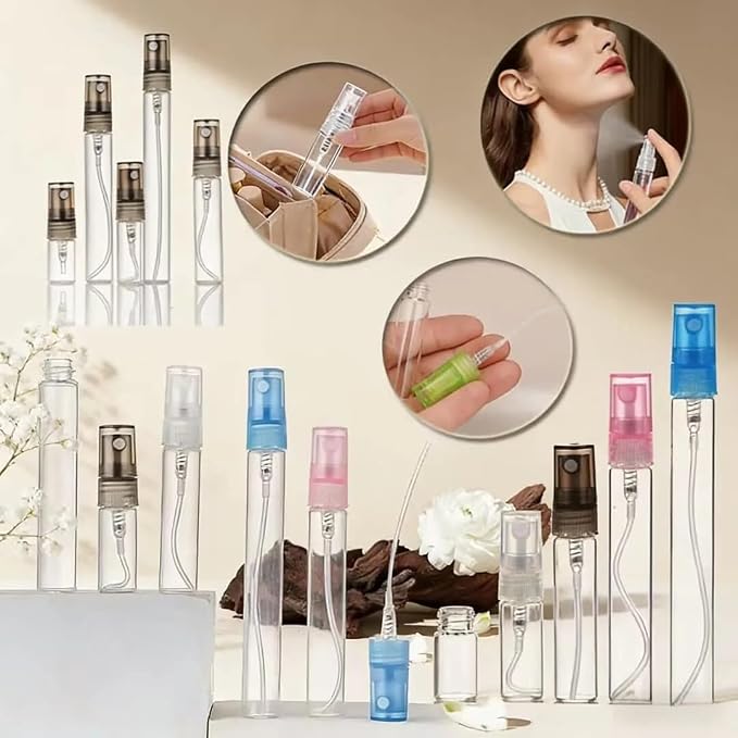 100Pcs 2ML-10ML Glass Perfume Bottles Spray Empty Bottles Fragrance Refill Bottle Clear Mini Atomiser Refillable Kits Atomizer Vials Portable Travel Sample Containers (pink,5ml)