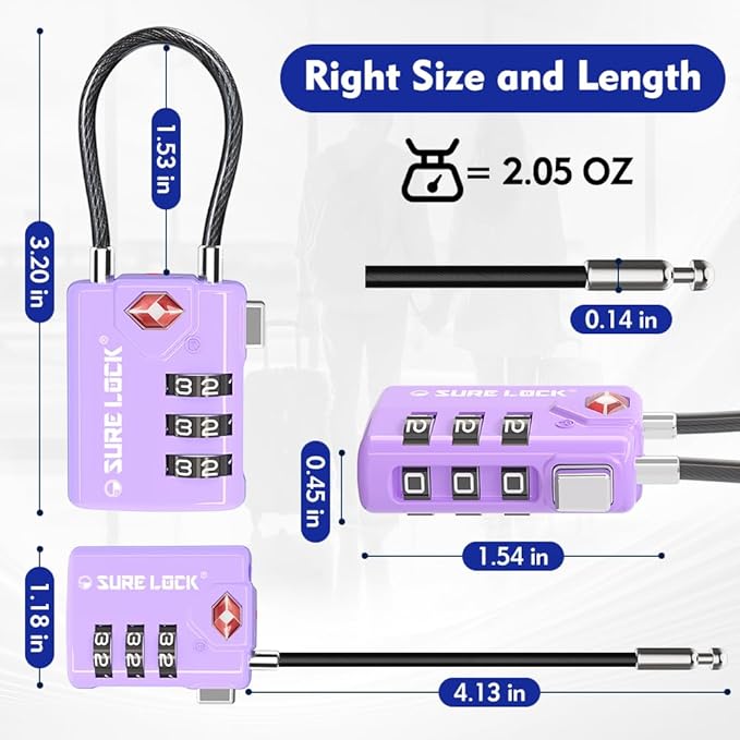 SURE LOCK TSA Approved Luggage Locks with Open Alert Indicator, 3 Digit Combination Cable Travel Lock for Suitcase, Backpack, Gym Locker, Toolbox & Travel Bag(2, Purple 2 Pack)