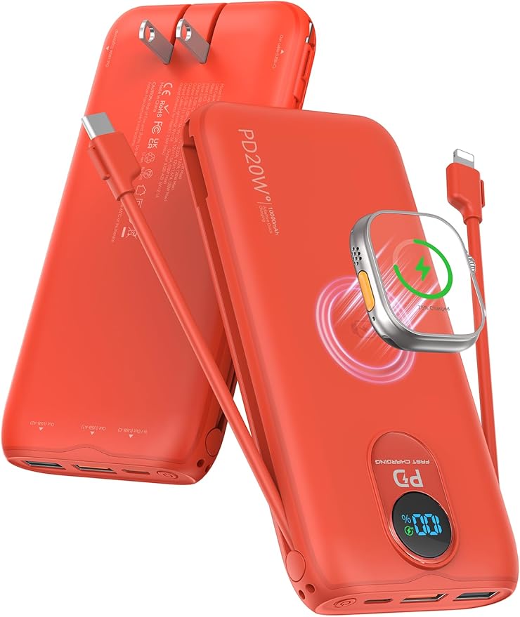 Portable Charger, 10000mAh 20W Fast Charging Power Bank with Built in Cables & AC Wall Plug & LED Display, Travel Essentials Battery Pack Powerbank for iPhone, iPad, iWatch, Samsung, Red
