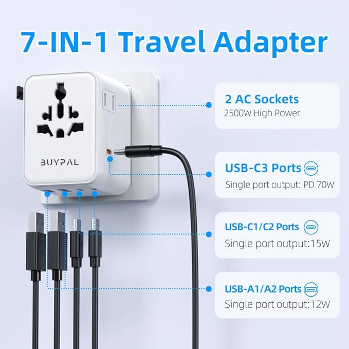 7 in 1 World International Travel Plug Adapter - Powerful GaN Tech 70W with 3X USB-C and 2 USB-A Ports Cruise Approved, Universal Travel Adapter 100V 250V A/C, EU US UK AUS Asia