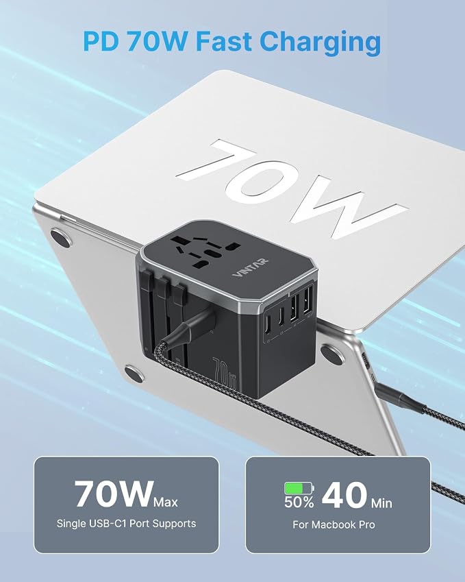 Universal Travel Adapter, VINTAR 70W GaN International Power Adapter with 5 USB Ports (3 USB-C), Worldwide Travel Plug Adaptor, All in One Travel Essentials Outlet Converter for UK/EU/USA/AUS, Black