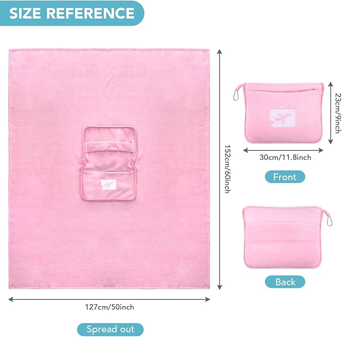 SINLAND Travel Pillow and Blanket 2-in-1 Set,Airplane Packable Bag,Soft and Lightweight Plane Flight Car Trips Travel Essentials Gift,Hand Luggage Sleeve and Backpack Clip,60x53 Inch Pink
