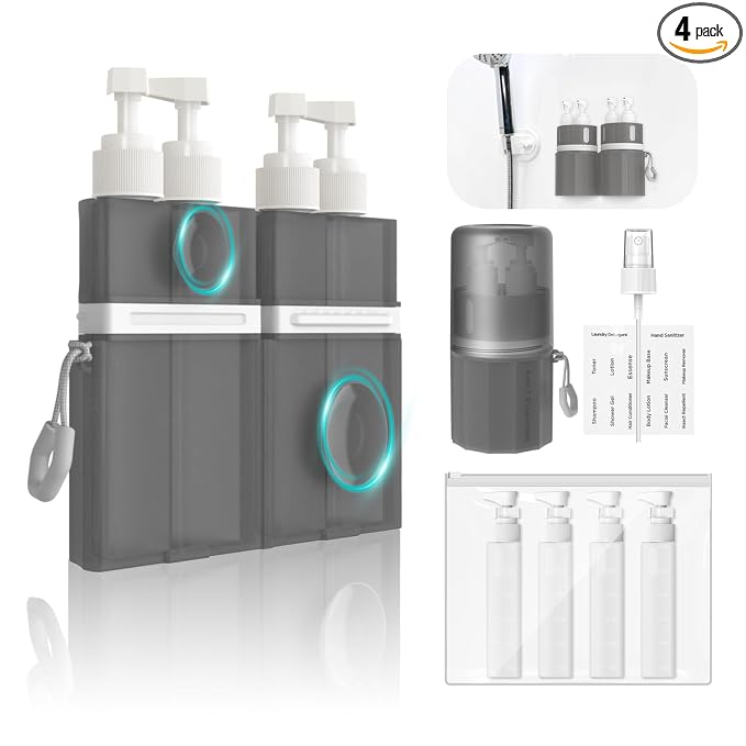 YOTIME 4 in 1 Travel Dispenser Bottle, Vacuum Silicone Suction Cup for Smooth Walls, TSA Approved Leak Proof Travel Size Containers for Hotel, Swimming, Gym, Camping, Gray