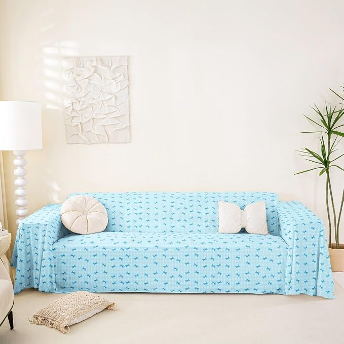 Blue Bow Non Slip Covers Sofa Covers for 3 Cushion Buffalo Plaid Decor Bowknot Dog Pet Couch Protector Kawaii Bow Tie Washable Anti-Slip Couch Cover Geometric Lattice Abstract Grid Sofa Cover,91"x118"